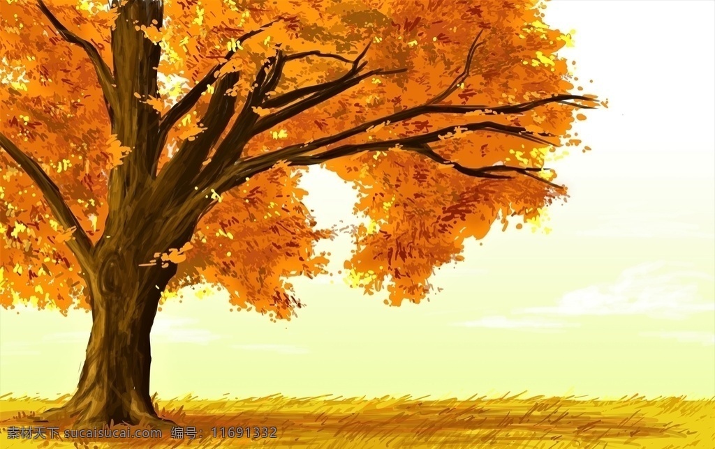 手绘 金黄色 大树 金光 阳光 黄色 照射 光影 自然景观 自然风景 分层