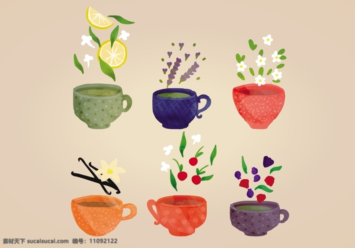 手绘唯美茶杯 茶杯 茶杯素材 杯子 手绘茶杯 唯美 矢量茶杯 矢量素材 茶具 柠檬 手绘花卉 手绘水果