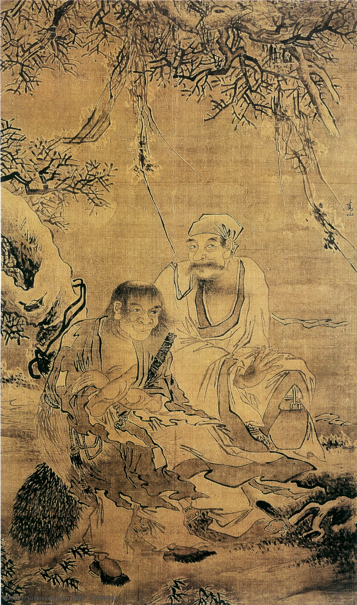 寒山拾得图 人物画 中国 古画 中国古画 设计素材 人物名画 古典藏画 书画美术 棕色