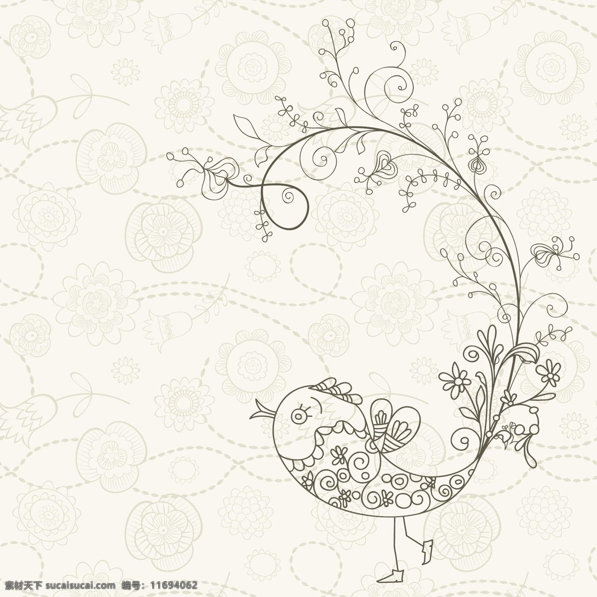 素雅 花纹 小鸟 矢量 手绘 线描 鸟类 花卉 花朵 植物 底纹 卡通 背景 海报 画册 矢量动物 生物世界