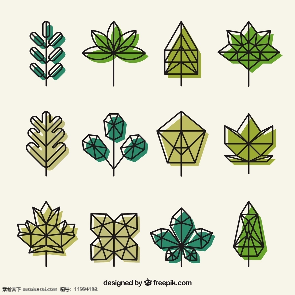 手绘几何绿叶 几何 自然 绿色 多边形 叶子 品种繁多 植被