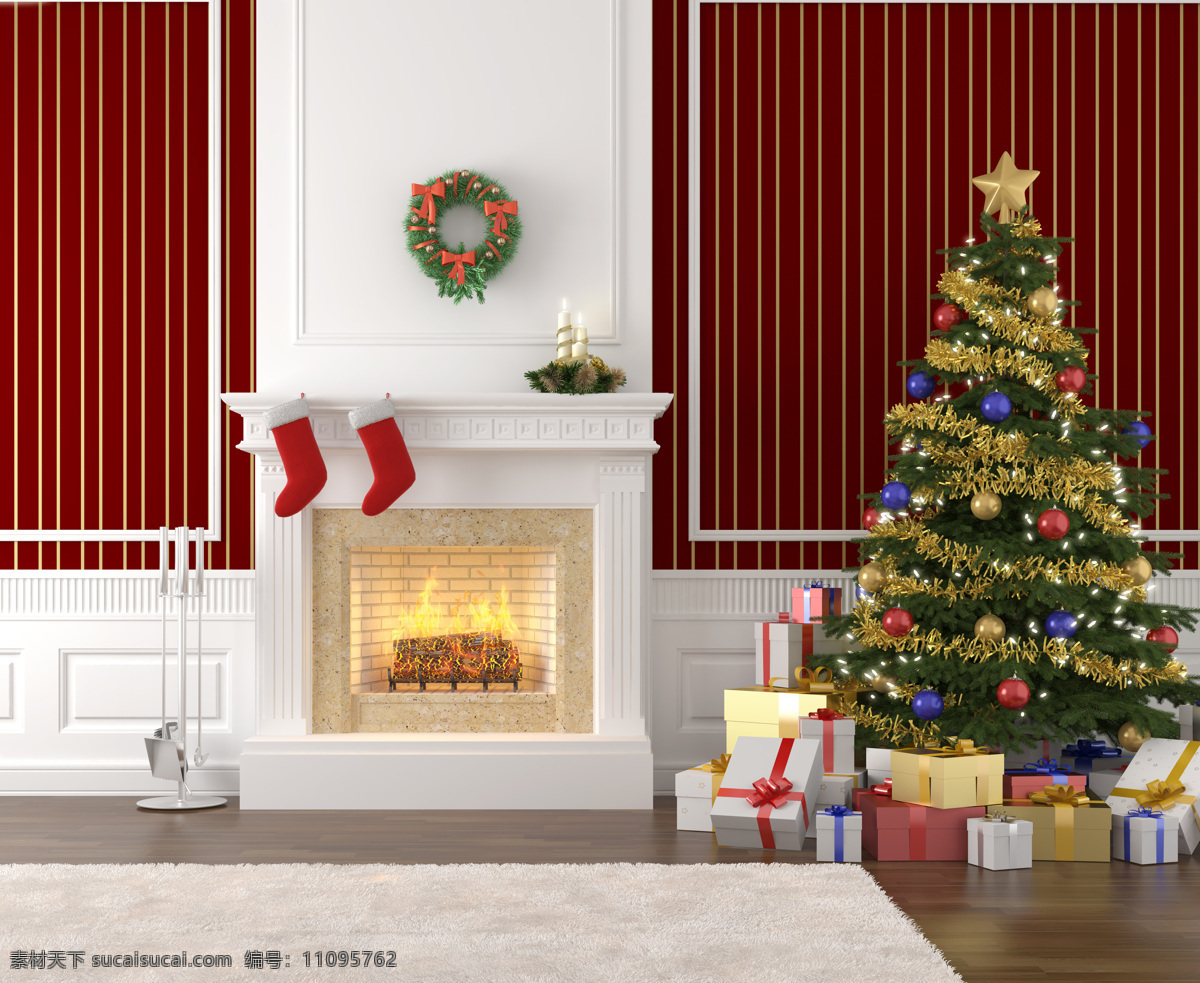 壁炉 挂毯 圣诞树 袜子 地毯 地板 圣诞节 室内装饰 室内设计 环境家居