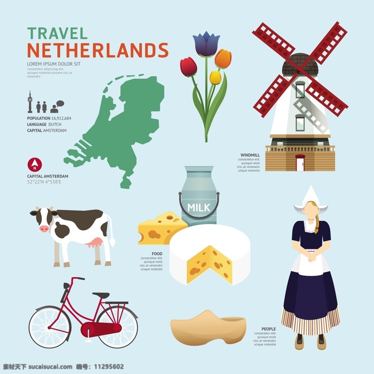 荷兰文化元素 扁平化图标 民族文化 荷兰 旅游 旅行 旅游景点 著名景点 旅游图标 风车 郁金香 奶牛 自行车 eps格式 卡通设计