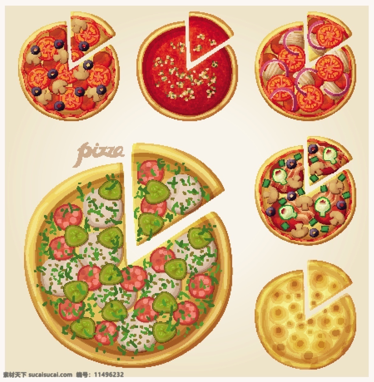 款 美味 披萨 快餐 矢量 番茄 油橄榄 蘑菇 香肠 圆葱 奶酪 黄瓜 蔬菜 矢量图
