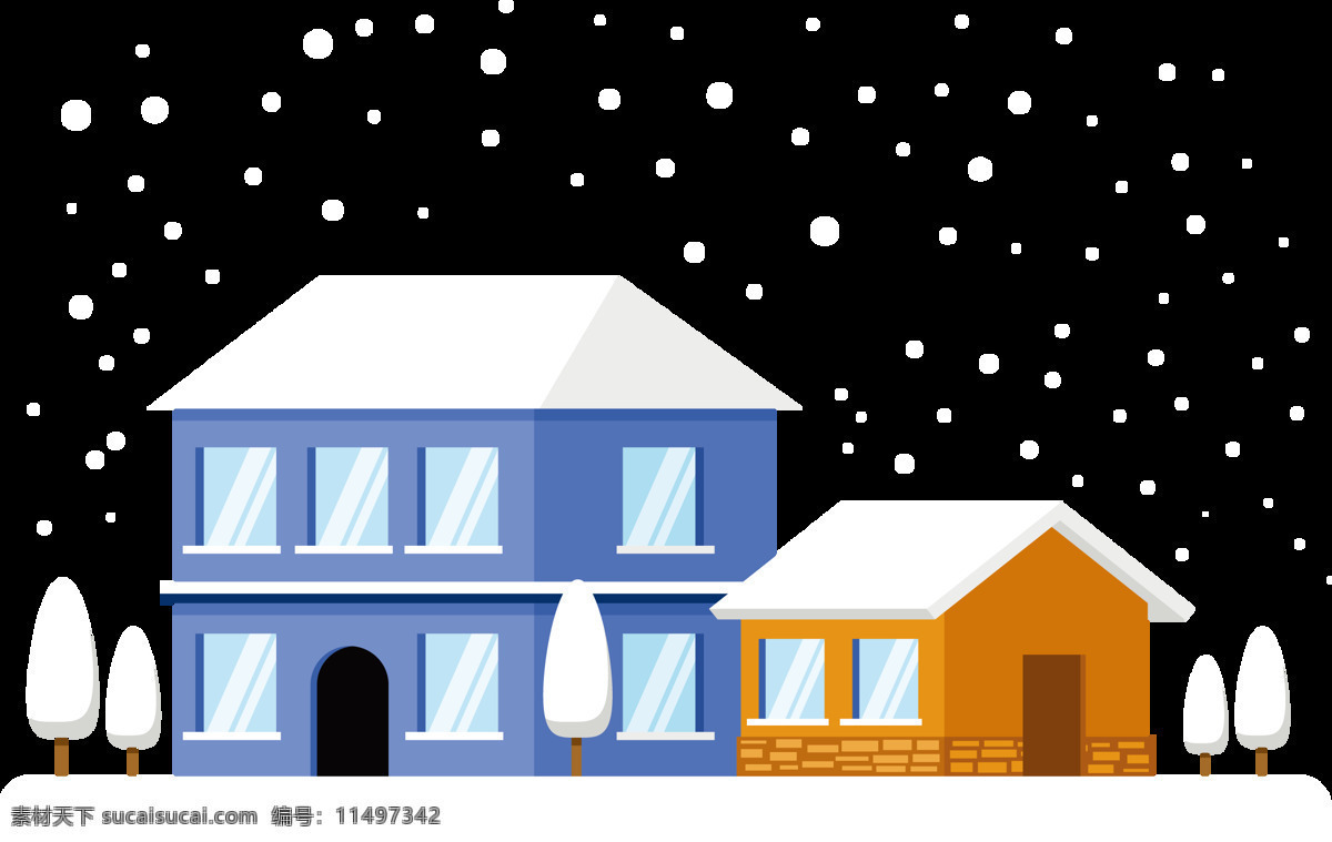 手绘 雪花 房屋 元素 冬季 建筑 免抠