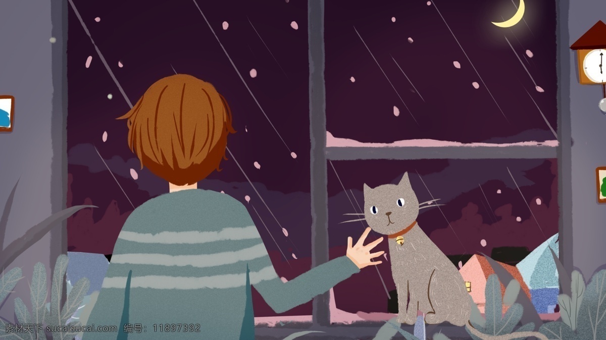 晚安 你好 插画 夜晚 小猫 在家 治愈 系 猫 房间 窗 月亮 晚安你好 孤独 寂静 雪