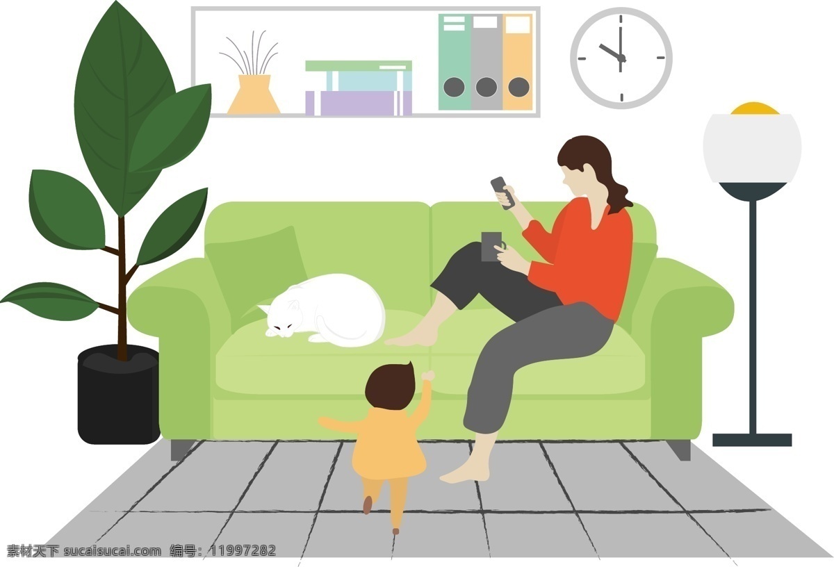 卡通 插画 风沙 发 上 母子 母亲 女子 儿子 亲情 室内 坐在 沙发 看 手机 女人 奔跑的小男孩
