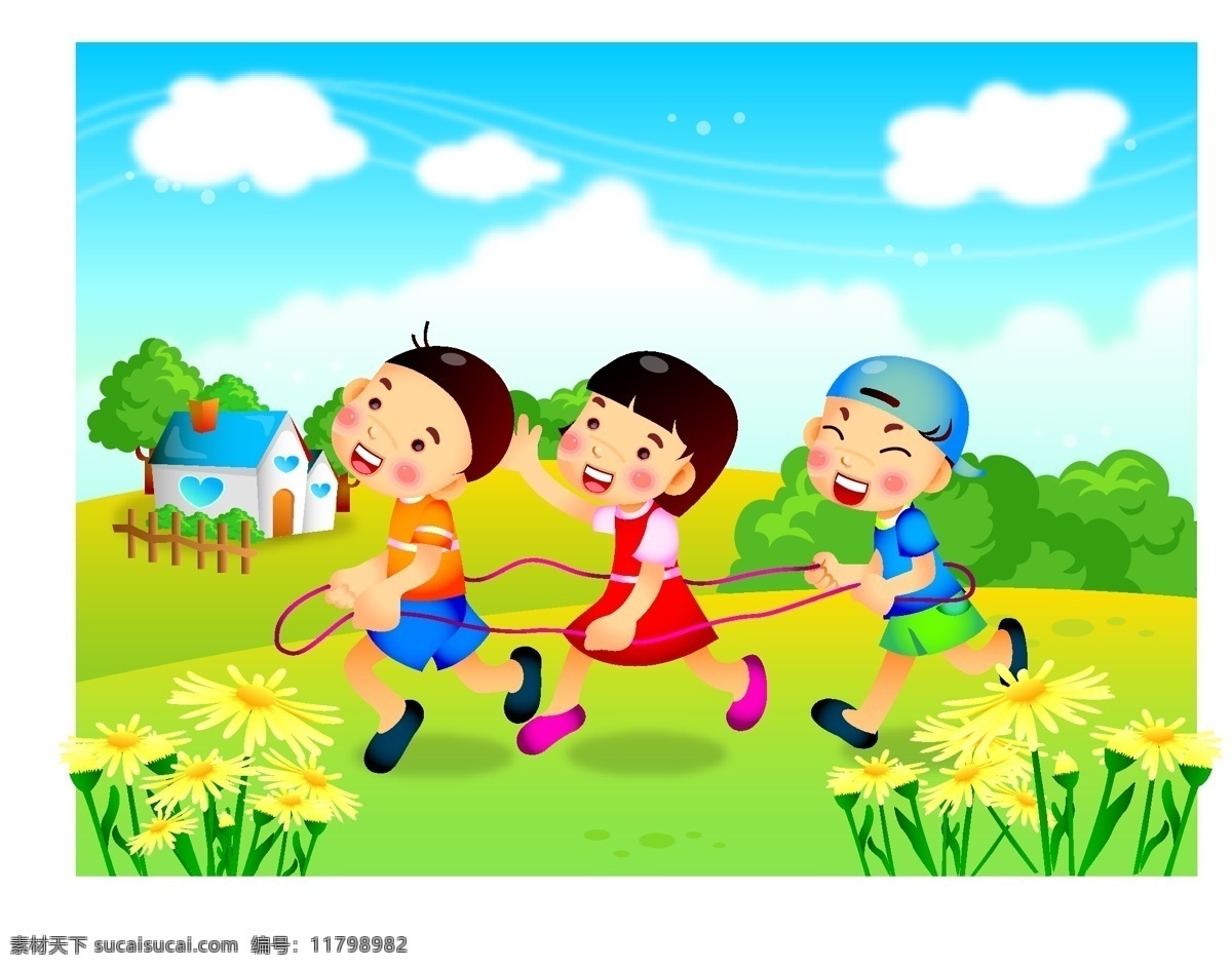 跳皮筋的小孩 蓝天 白云 草地 花朵 房子 树木 玩皮筋的小孩 动漫动画 风景漫画