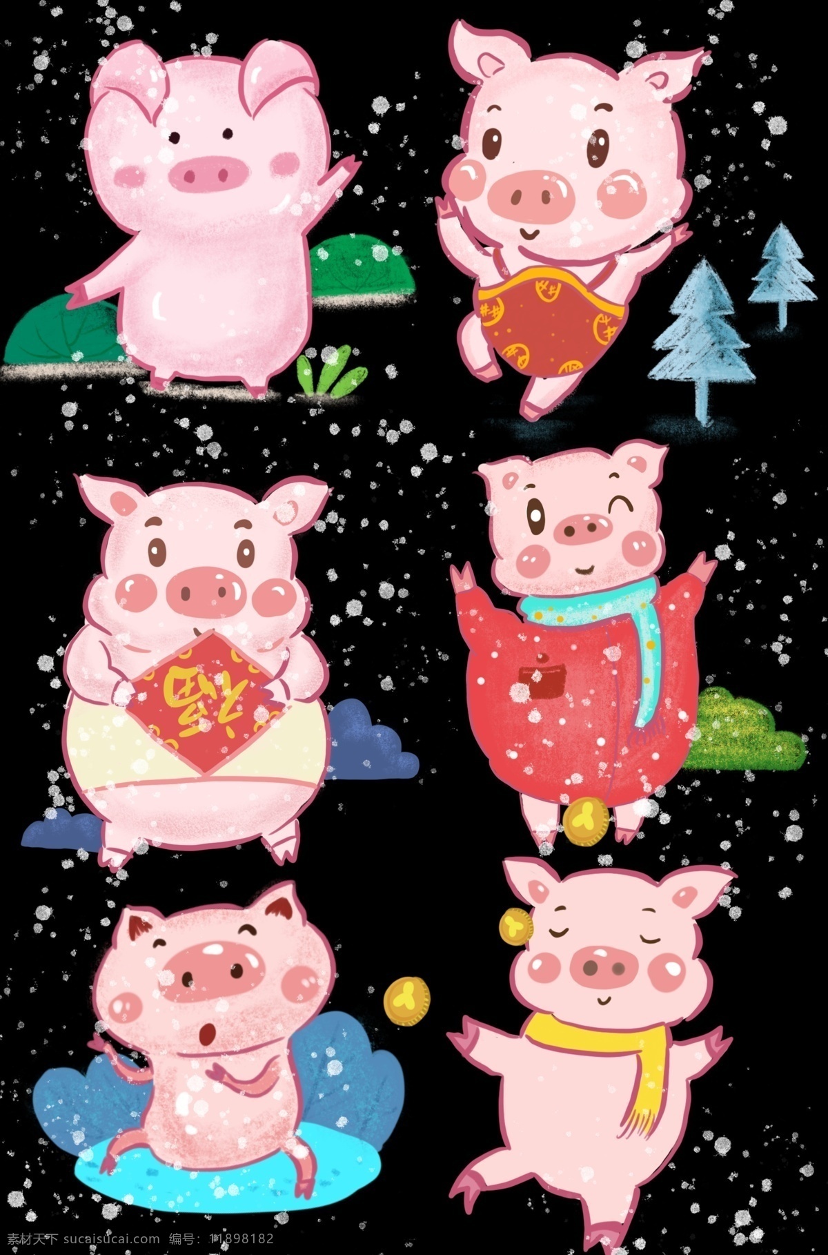 猪年 红色 手绘 插画 卡通 猪 宝宝 金 报 福 下雪了 卡通猪猪 喜庆的猪 红色系列 猪宝宝 金猪报福 福到了 中国结 可爱的猪猪 灯笼