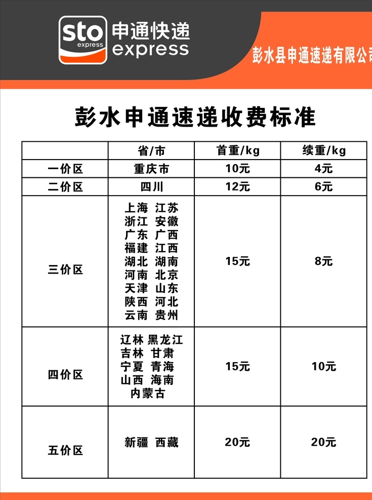 申通速运 申通 速运 价目表 收费标准 快递