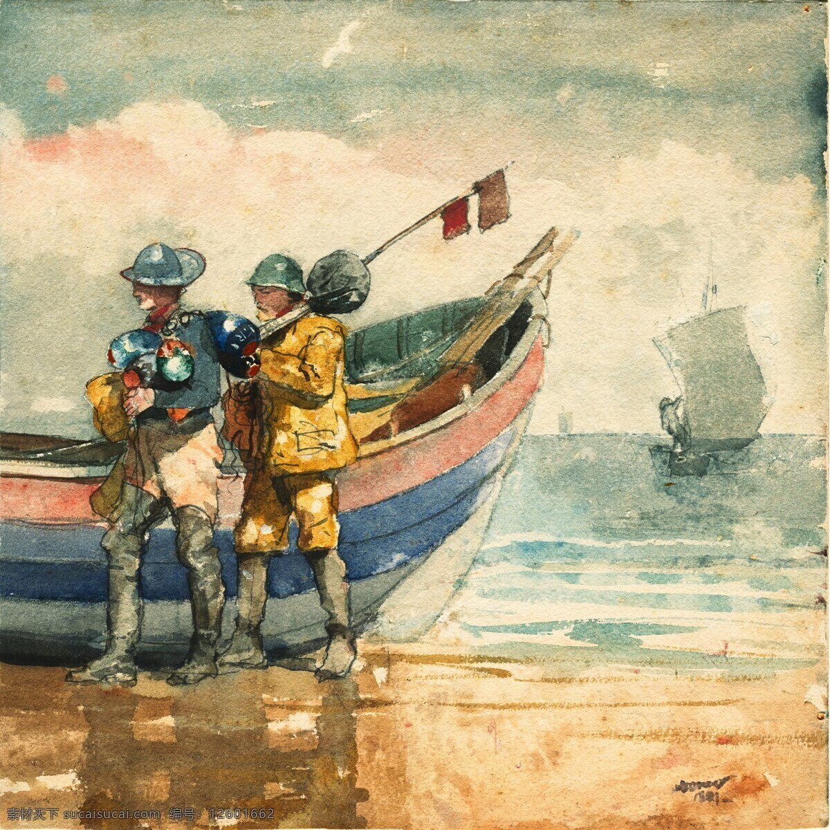 温斯 洛 霍默 水彩画 温斯洛霍默 美国 水彩 美术 绘画 木船 海滩 绘画书法 文化艺术