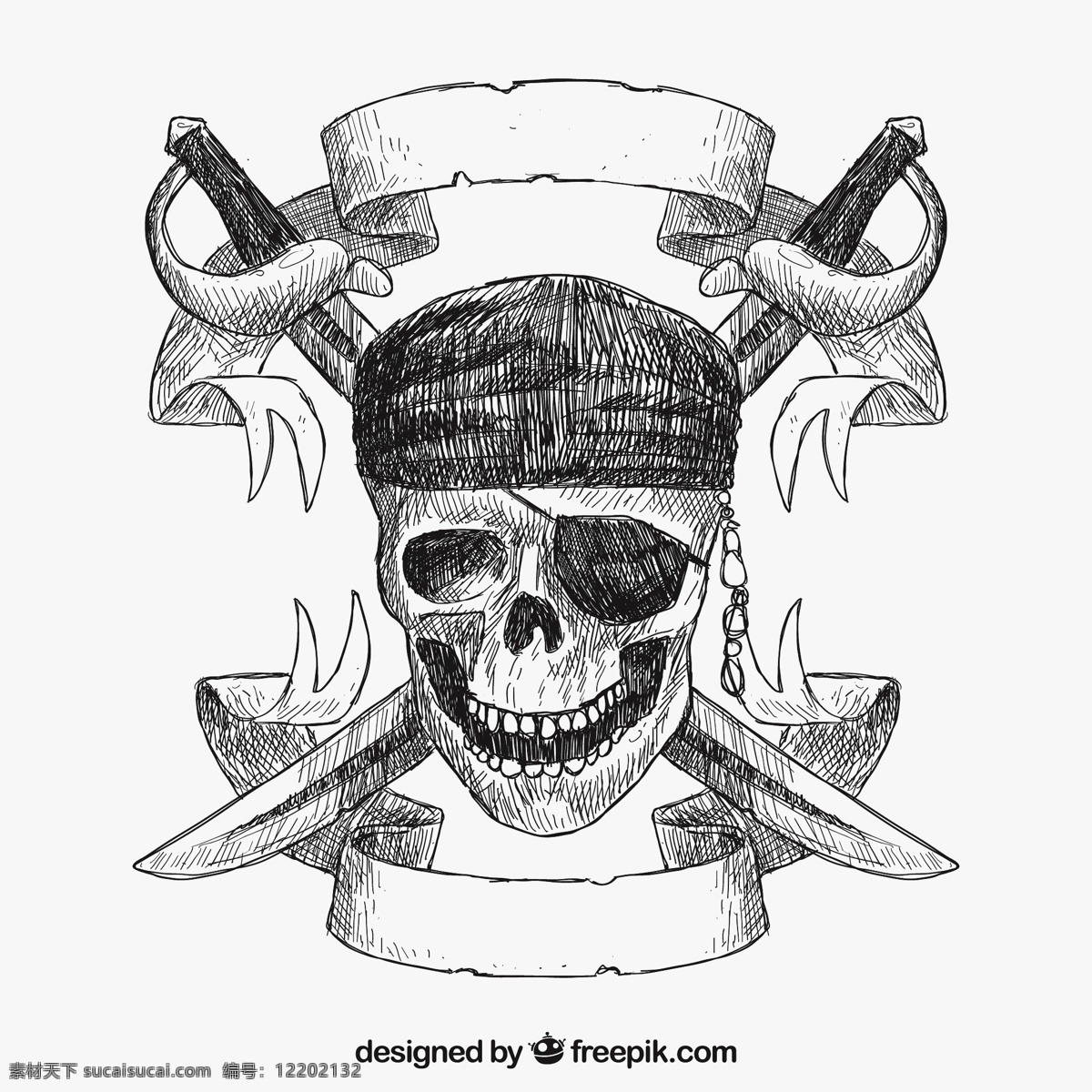 手拉海盗头骨 一方面 颅骨 手绘 海盗 绘图 会徽 剑 手工绘图 绘制 骨头 徽章 粗略 白色
