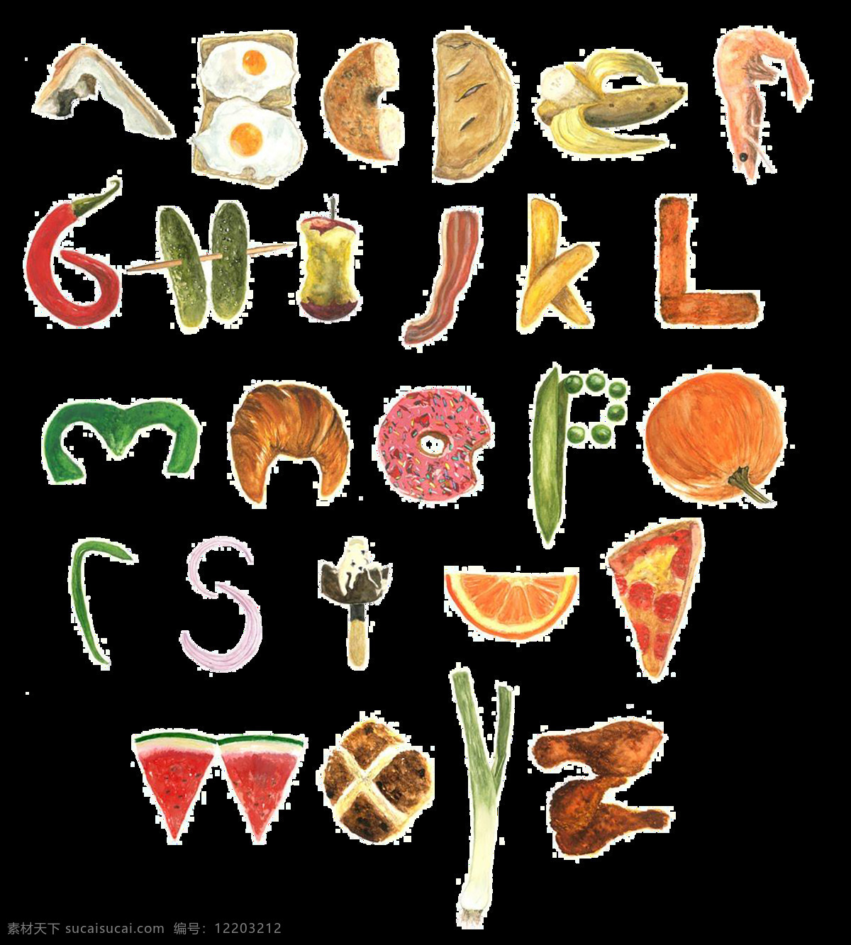 创意 食物 拼贴 英文 字母 26个字母 英文字母 创意字母 食物拼贴字母 字母元素 艺术字母 大写艺术字母 彩色字母