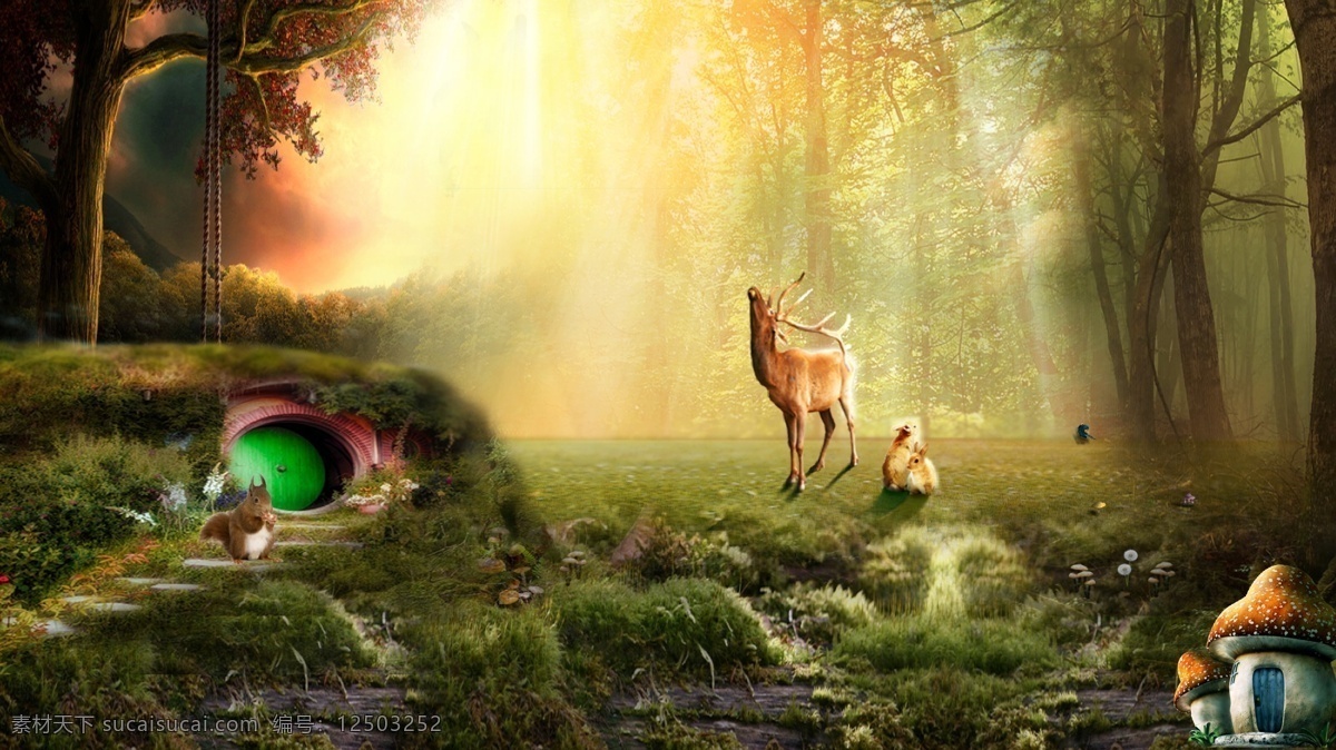 森林动物图片 森林 小动物 魔法 阳光 树木 鹿