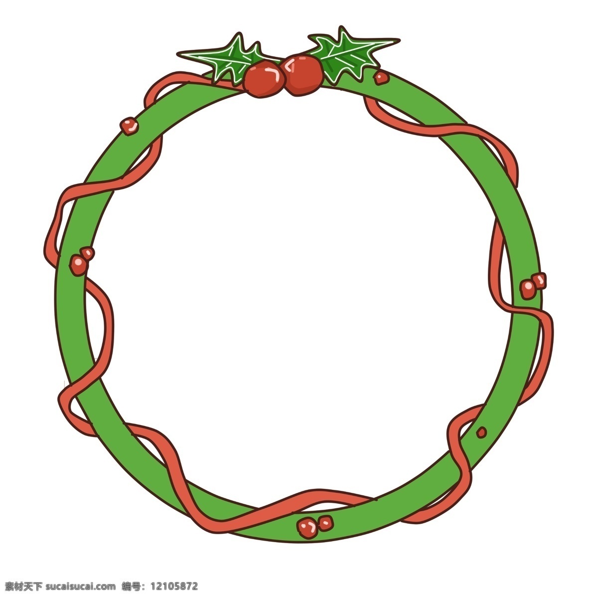圣诞节 绿色 花环 边框 红色的丝带 绿色的叶子 红色的圣诞球 漂亮的边框 插画 装饰