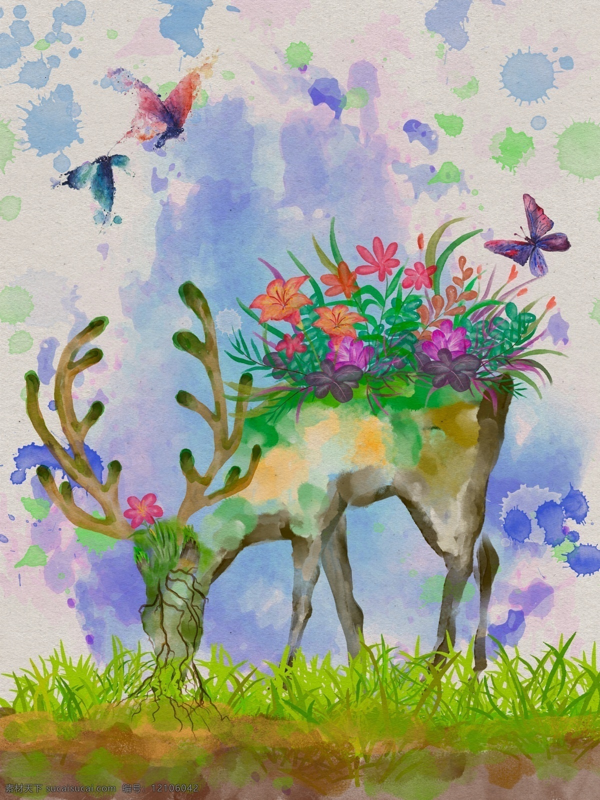 繁花 鹿 创意 水彩 插画 蝴蝶 动物 植物 梦幻 花 壁纸 自然 写实