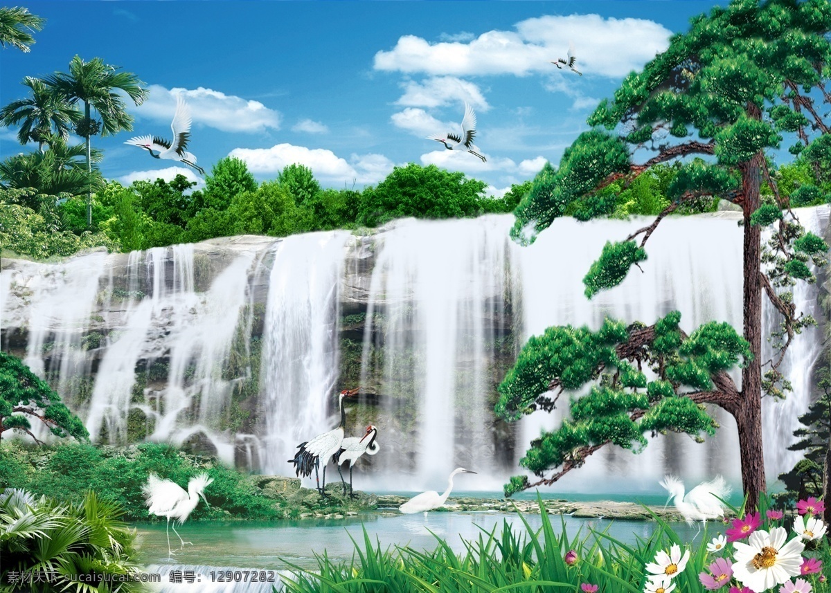山水 美景 飞鸟 花草 蓝天白云 瀑布 山水画 树丛 松树 仙鹤 岩石 psd源文件