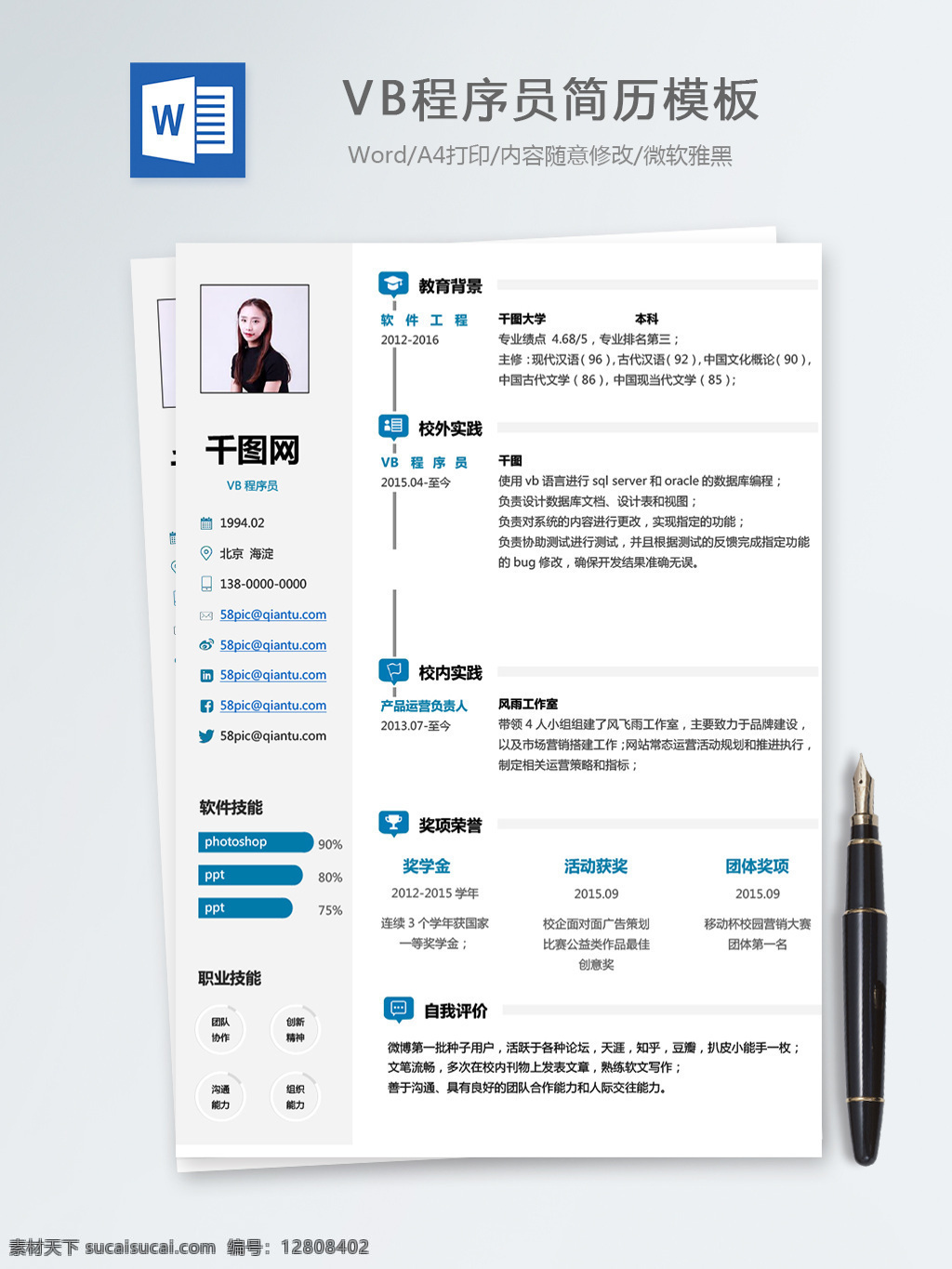 vb 程序员 个人简历 模板 简历 蓝色 简约 创意 简历模板 个人简历模板 it 后端开发 13年 vb程序员