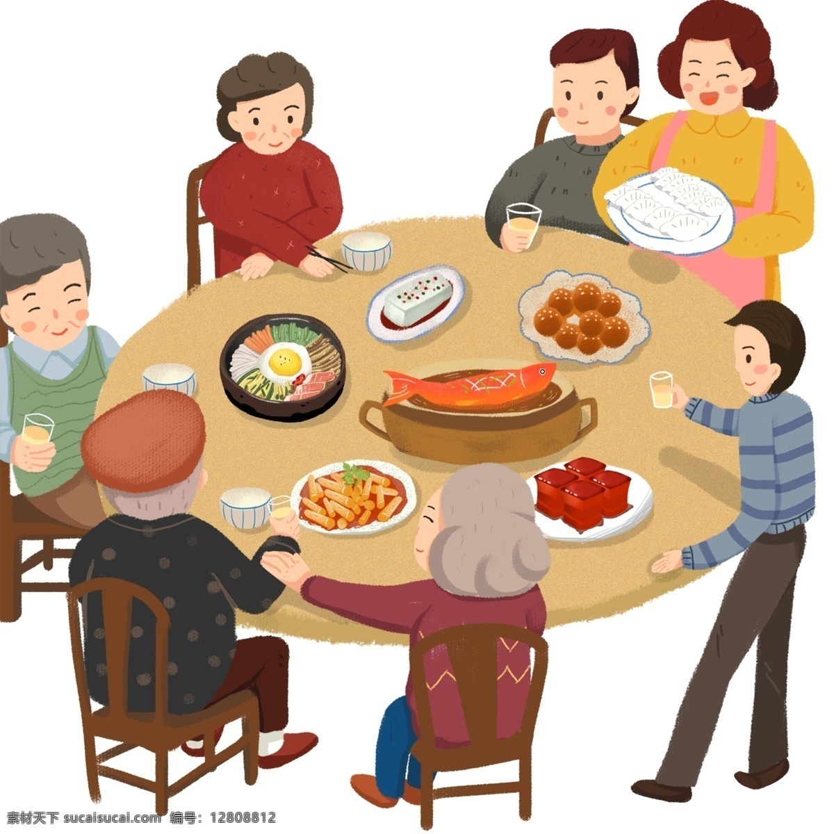 卡通 手绘 年夜饭 小年夜 团圆饭 除夕 一家人 吃饭啦 过年 聚会 家庭聚餐