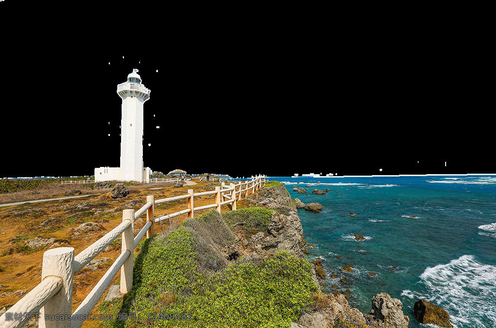 简约 蓝色 海洋 日本旅游 装饰 元素 枯黄草地 蓝色海洋 木制栏杆 日本文化 装饰元素