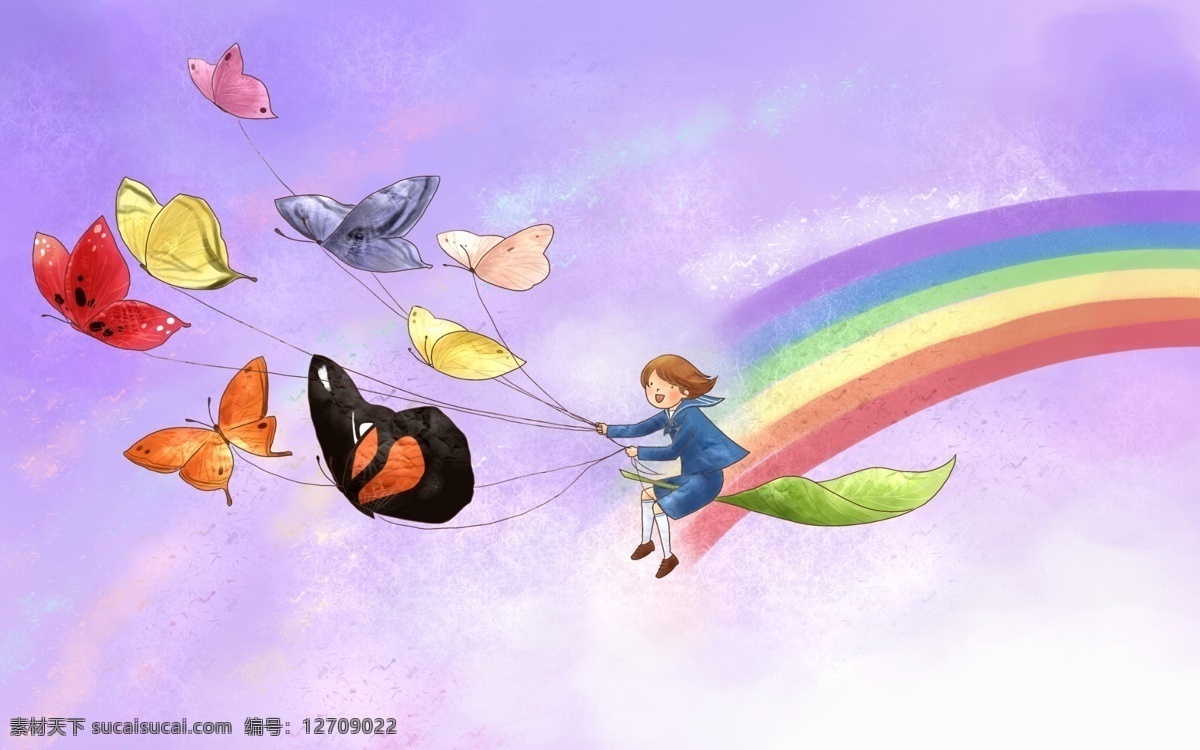 儿童画 坐在 彩虹 上 放风 非 精细 分层 非精细分层 小女孩 风筝 蝴蝶 紫色天空 叶子 白色