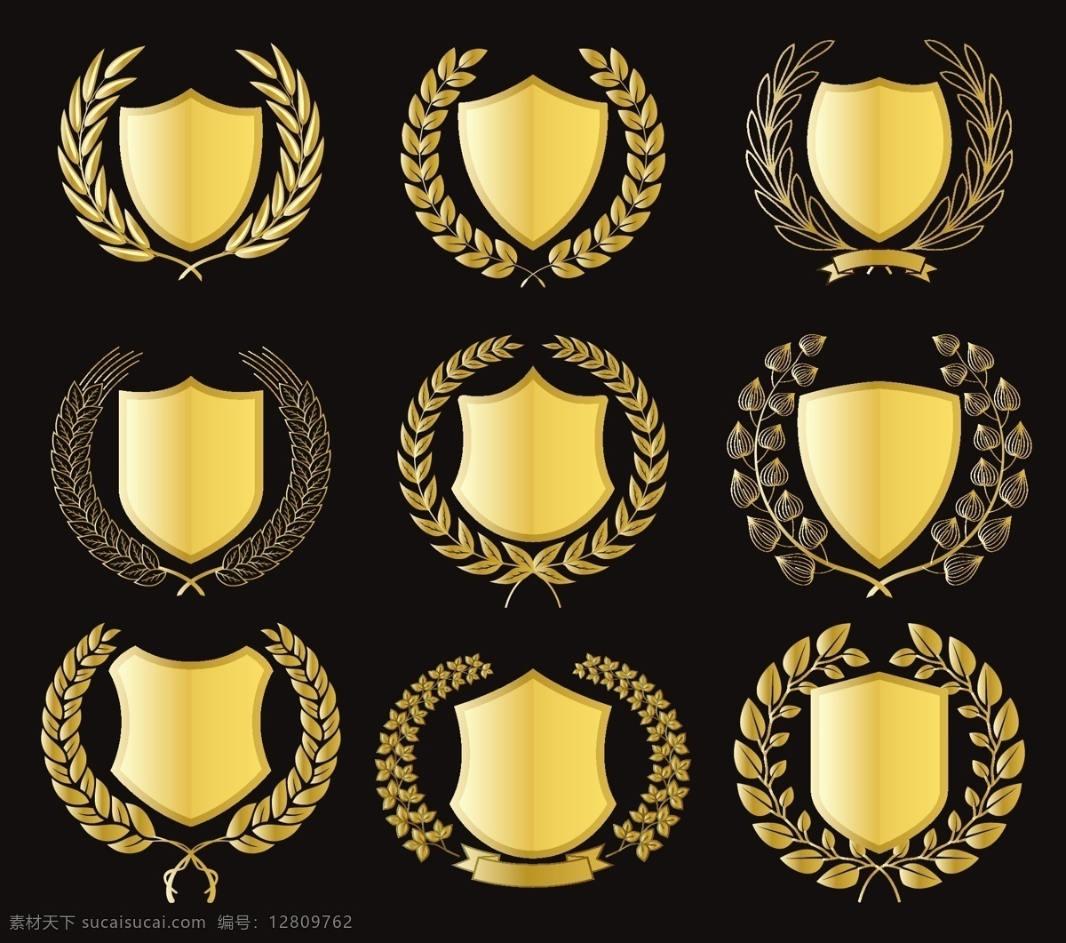 金色 烫金 盾牌 图案 黑板 小麦 标志 logo 印章标签 icon元素 矢量 设计素材 边框 圆形 花边 大气 黄金桂冠花 立体 阴影 金 银 铜 奖 经典 收集 装饰 优雅 徽 花环 树枝 黄金 纹章 勋章 奖章 奖杯 奖牌 酒标 标志图标 其他图标