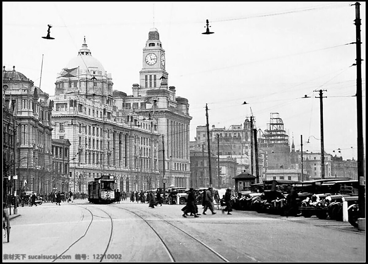 老上海图片 老上海 民国时期 钟楼 电车 行人 照片