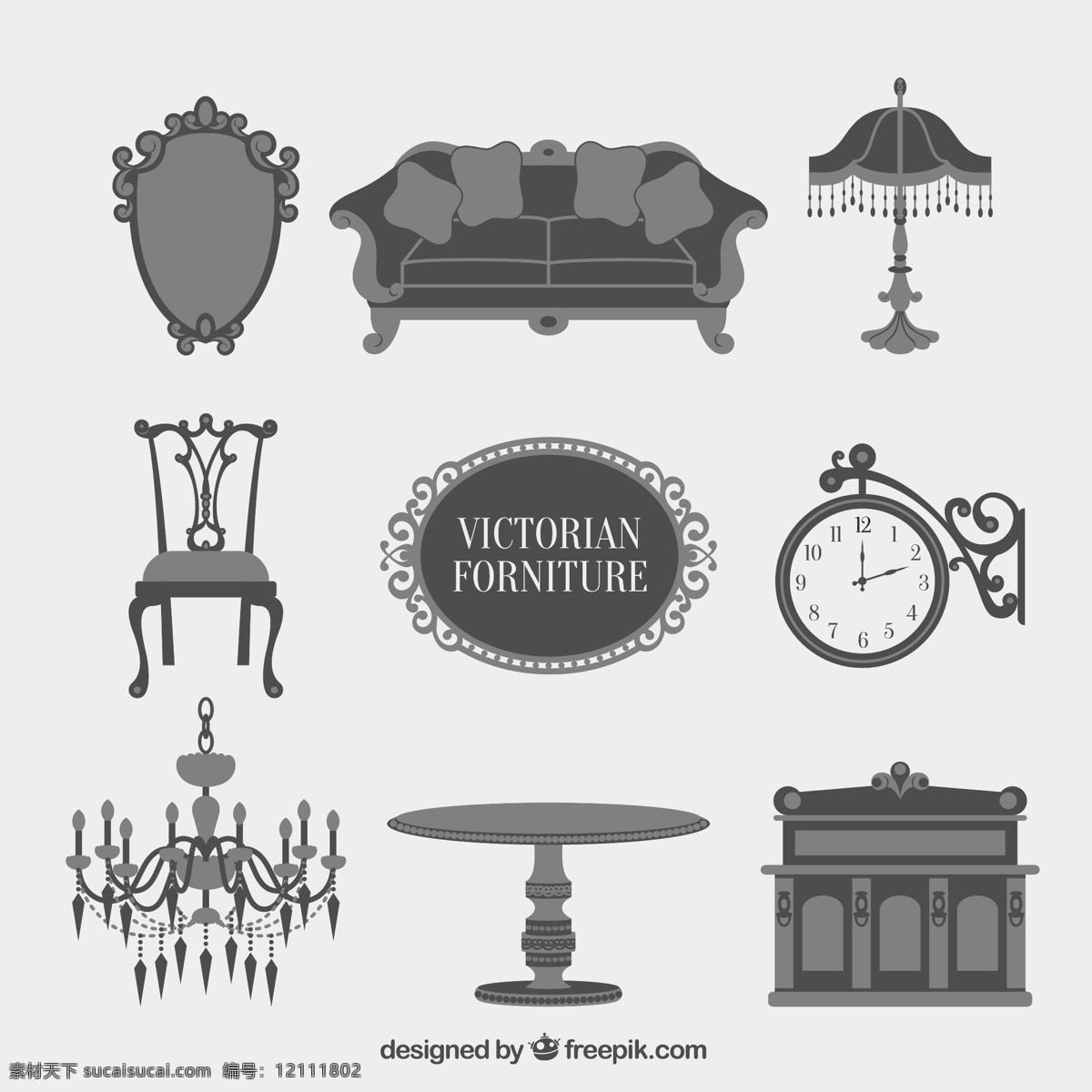 灰色 维多利亚 家具 图标 收藏 复古 时钟 平面 灯 皇家 椅子 平面设计 镜子 旧 经典 插图 平面图标 巴洛克 白色