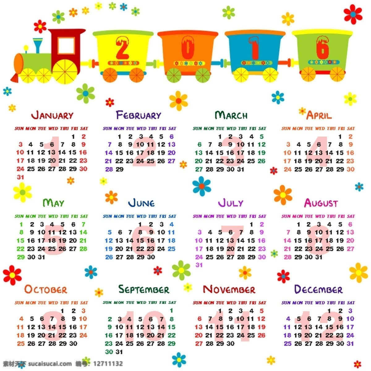 2016 可爱 卡通 版 月历 挂历 年 24个月 彩色 花朵 火车图案 可爱图案 年历 日历 矢量素材 二 三 四 五 六 七 八 九 十 十二月 白色