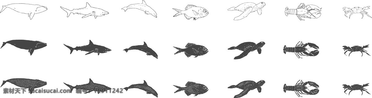 手绘 风 野生动物 轮廓 剪影 矢量 鲨鱼 卡通 矢量素材 平面设计素材