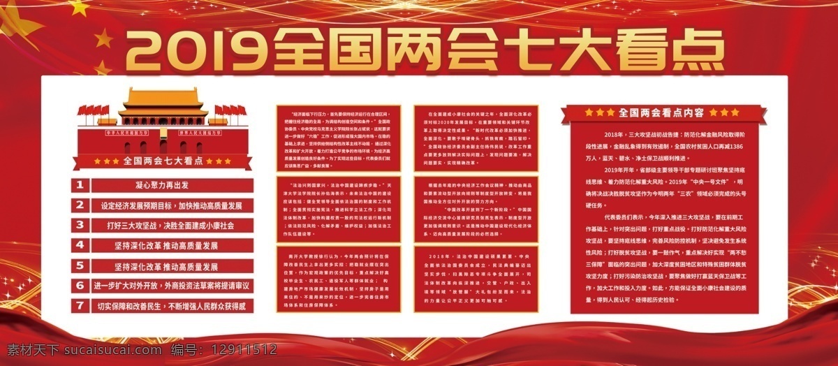 红色 大气 简洁 全国两会 七大 看点 内容 展板 七大看点 2019两会 国旗 天安门 两会七大看点