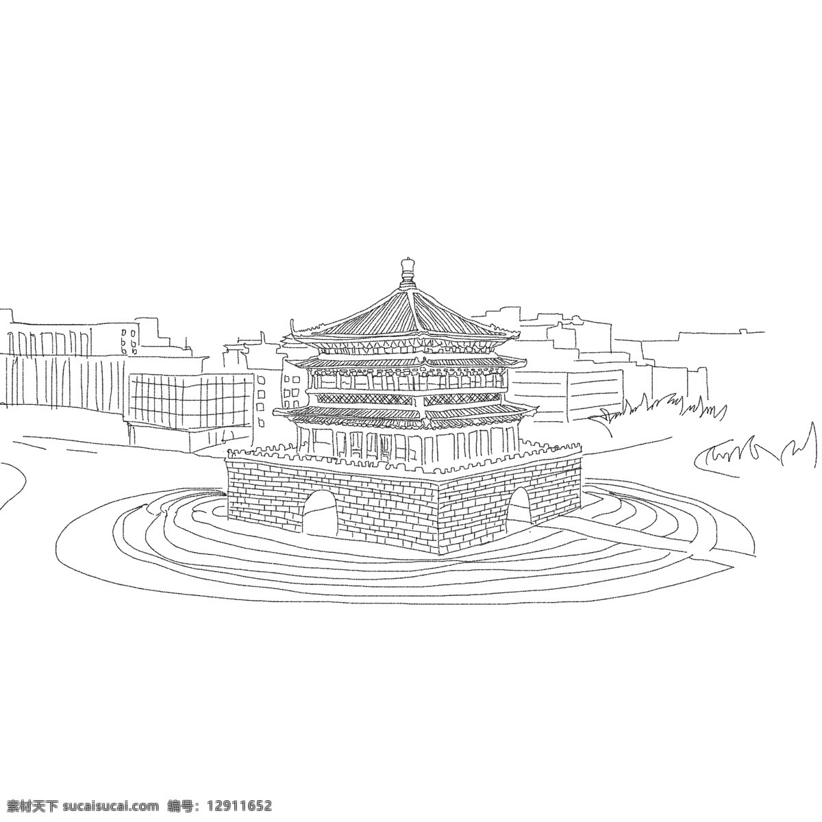 西安 钟楼 线描 建筑 古城 地标建筑 线条城市建筑