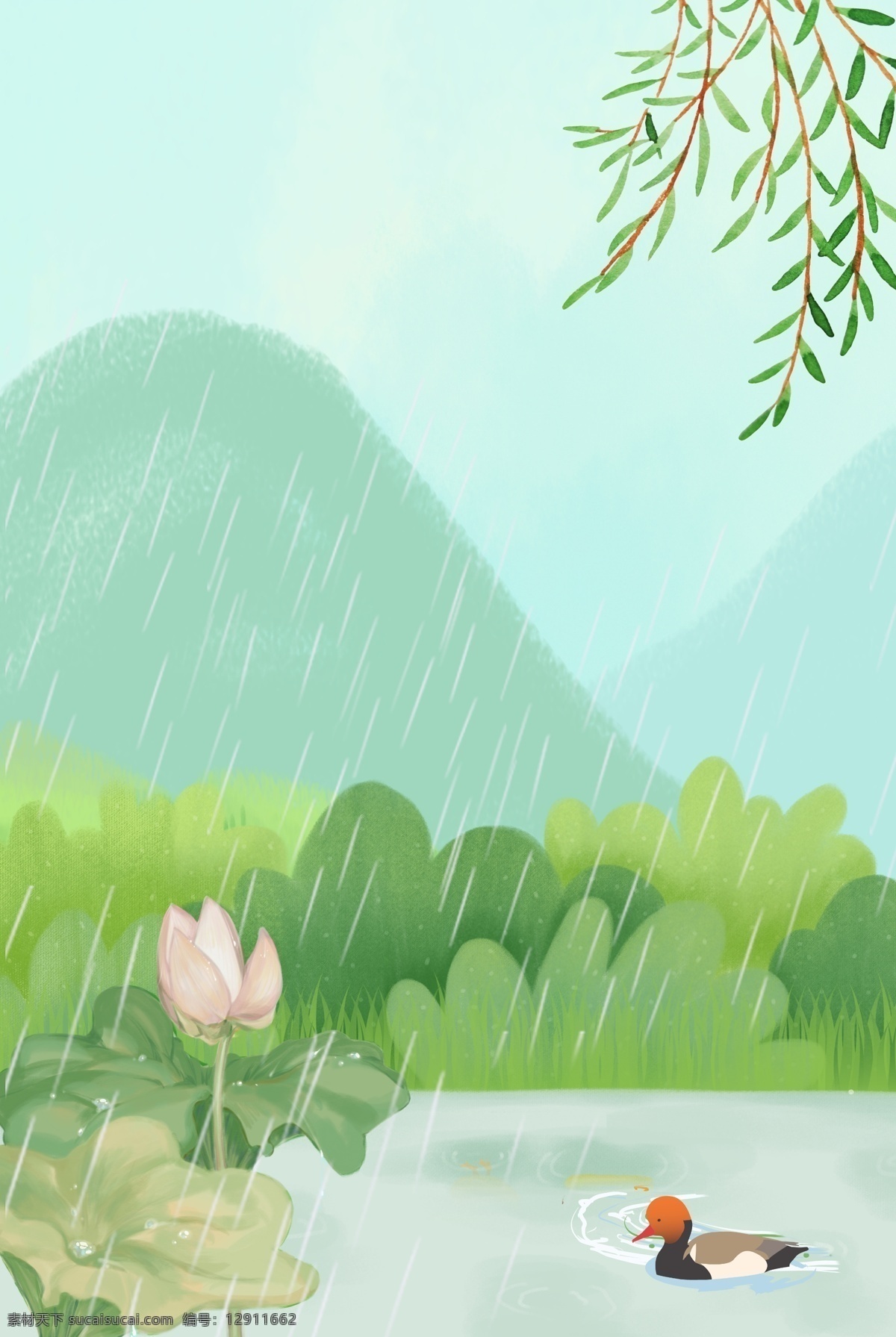 简约 矢量 卡通 雨水 时节 背景 下雨 荷花 鸳鸯 扁平 手绘