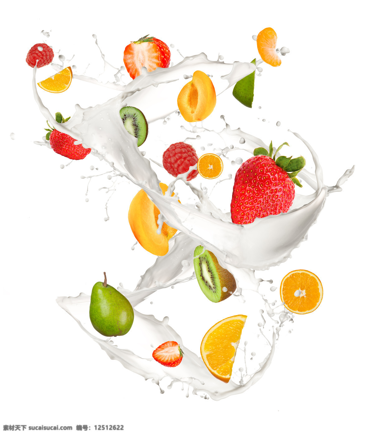牛奶水果 食物 水果 新鲜 牛奶 溅落 各种水果 橙子 草莓 泥猴桃 梨子 水果蔬菜 餐饮美食 白色
