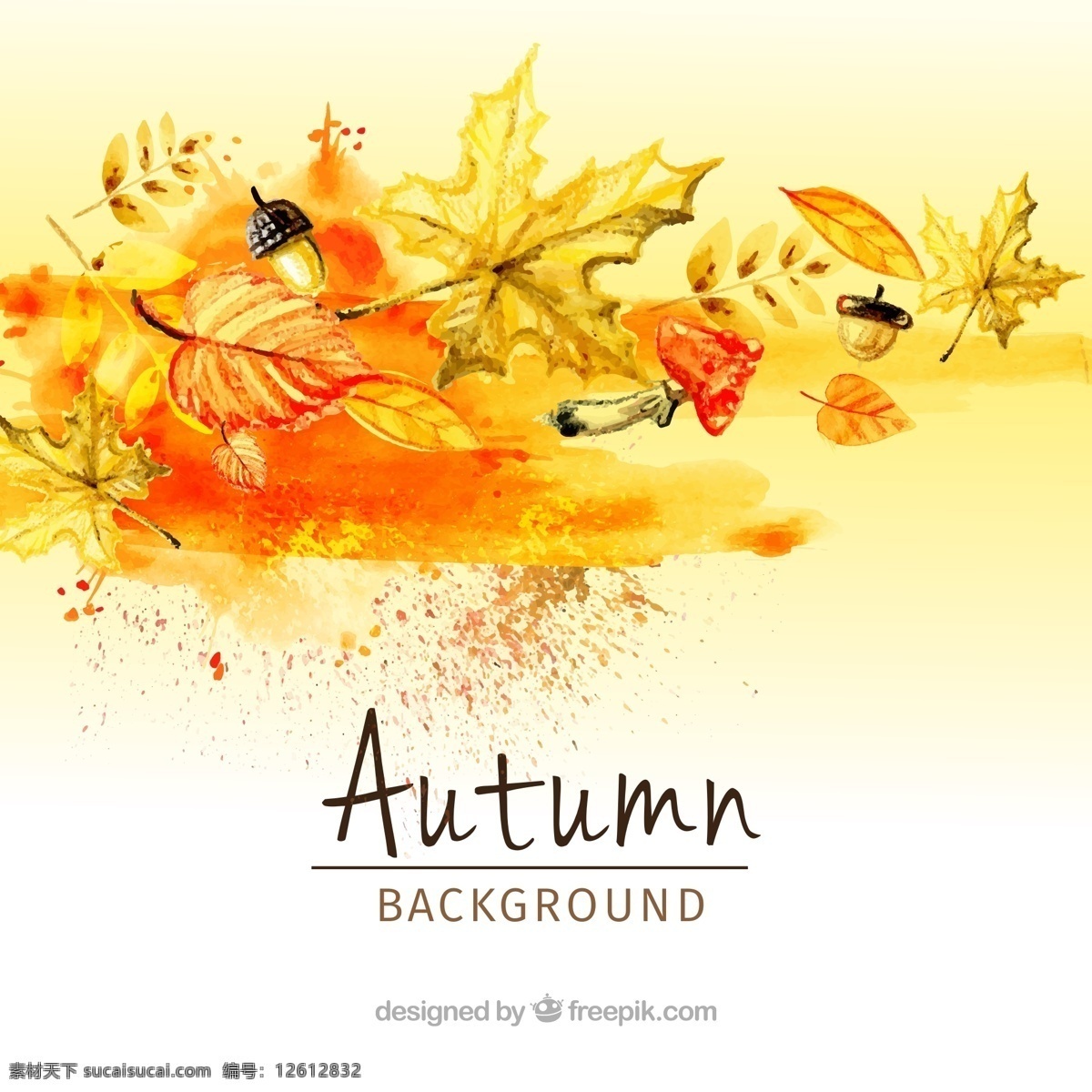 水彩 叶子 蘑菇 现代 背景 树叶 自然 水彩背景 可爱 秋天 五颜六色 优雅 丰富多彩 色彩 自然背景 现代背景 凉爽 温暖
