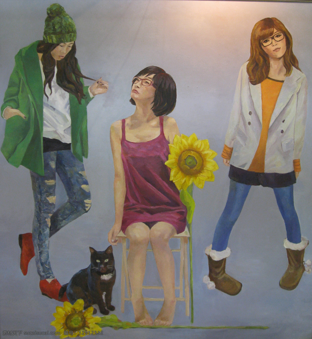三个 时尚 女孩 油画 无框画 装饰画 挂画 壁画 绘画艺术 风景油画 书画文字 文化艺术