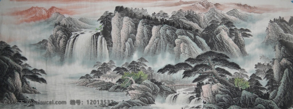源远流长 中国风 国画 大瀑布山水画 山水画 瀑布 小桥流水人家 绘画书法 文化艺术