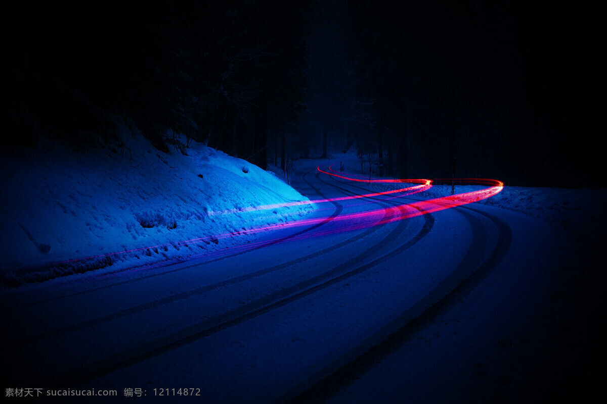 夜色 下雪 路 飞车 车速 车灯线 黑夜 雪天 道路 自然景观
