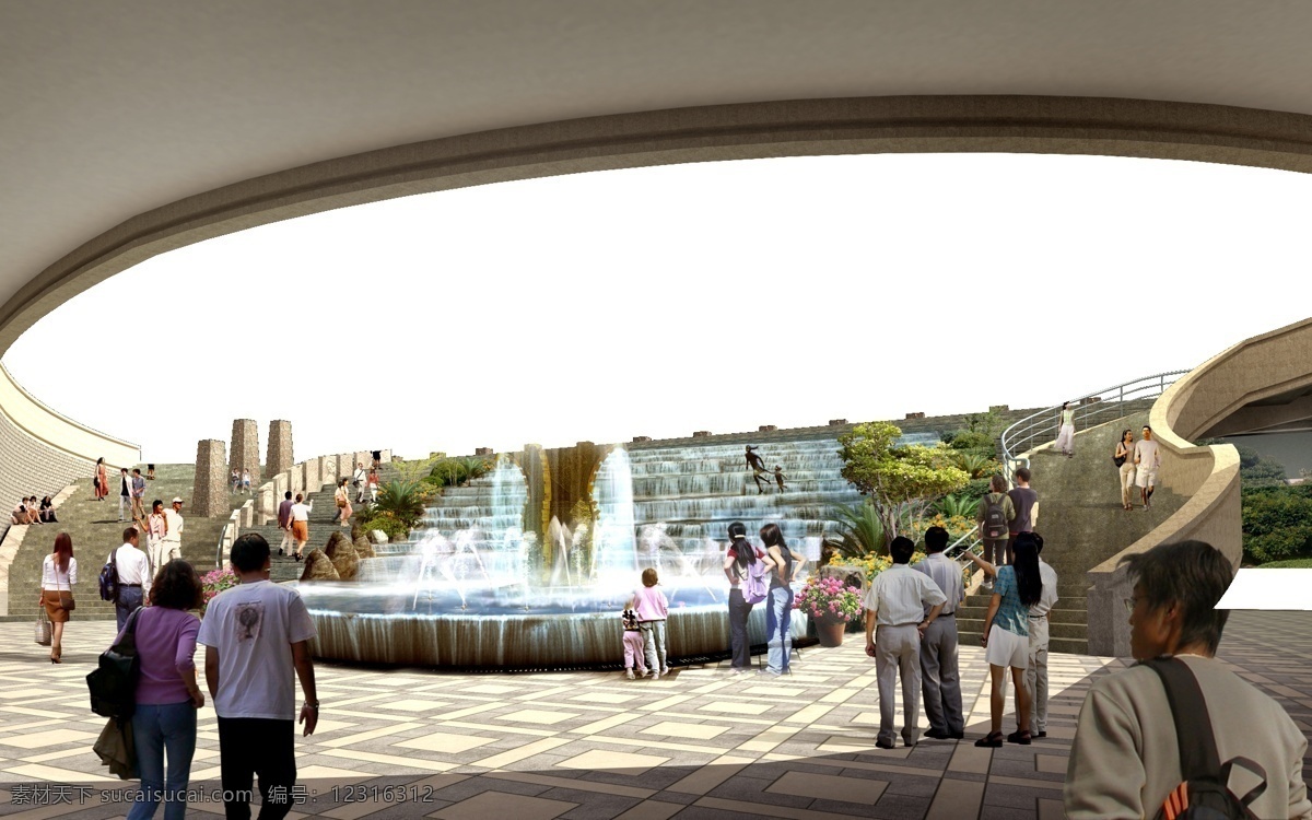 下沉式 广场 效果图 人物 高楼 喷泉 气球 台阶 环境设计 建筑设计 源文件库