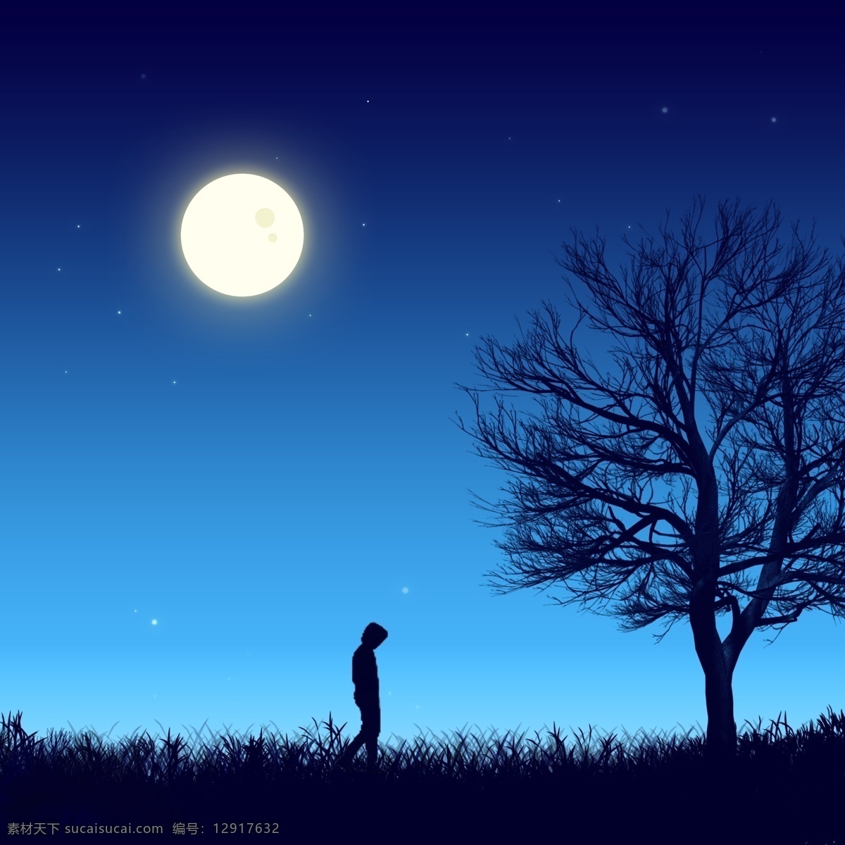 月光 夜晚 蓝色 低头 人 渐变 大树 星星 星空 沉思的人