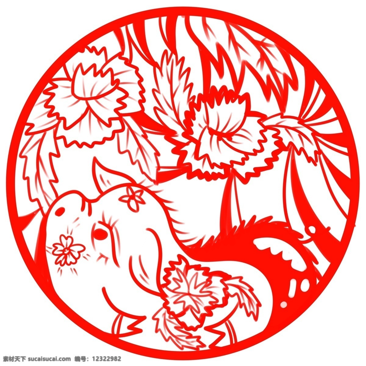 2019 年 生肖 猪 春节 新年 剪纸 牡丹 商用 海报素材 红色 2019年 生肖猪
