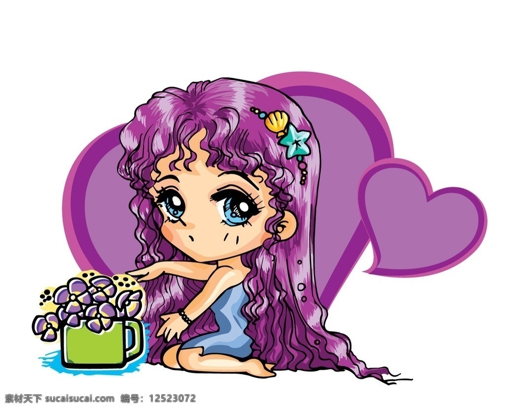 卡通女孩 种花 心形 紫色的花儿 漂亮的女孩 儿童幼儿 矢量人物 矢量
