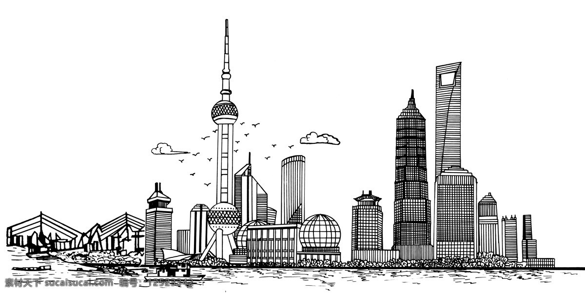 上海东方明珠 环球中心 世贸大厦 东方明珠 上海 外滩 线描 环境设计 建筑设计 设计图库