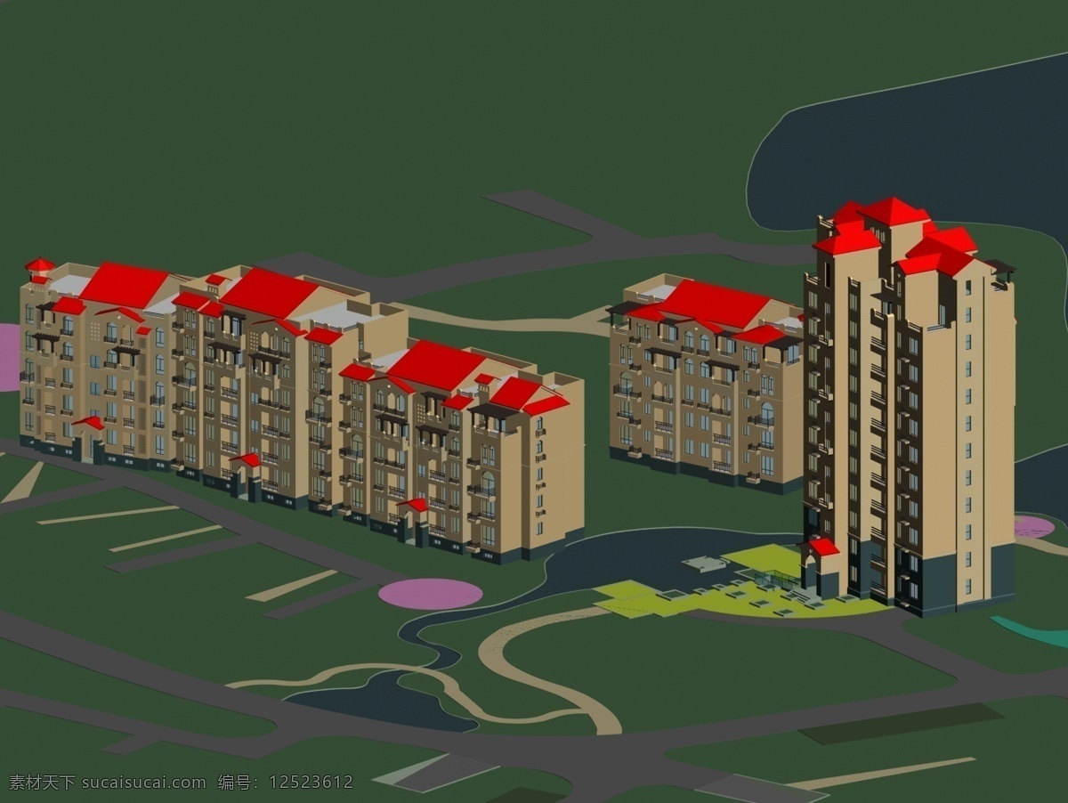 红 坡顶 高层 筑 规划 3d 模型 3d模型 规划3d模型 高层筑规划 3d模型素材 建筑模型