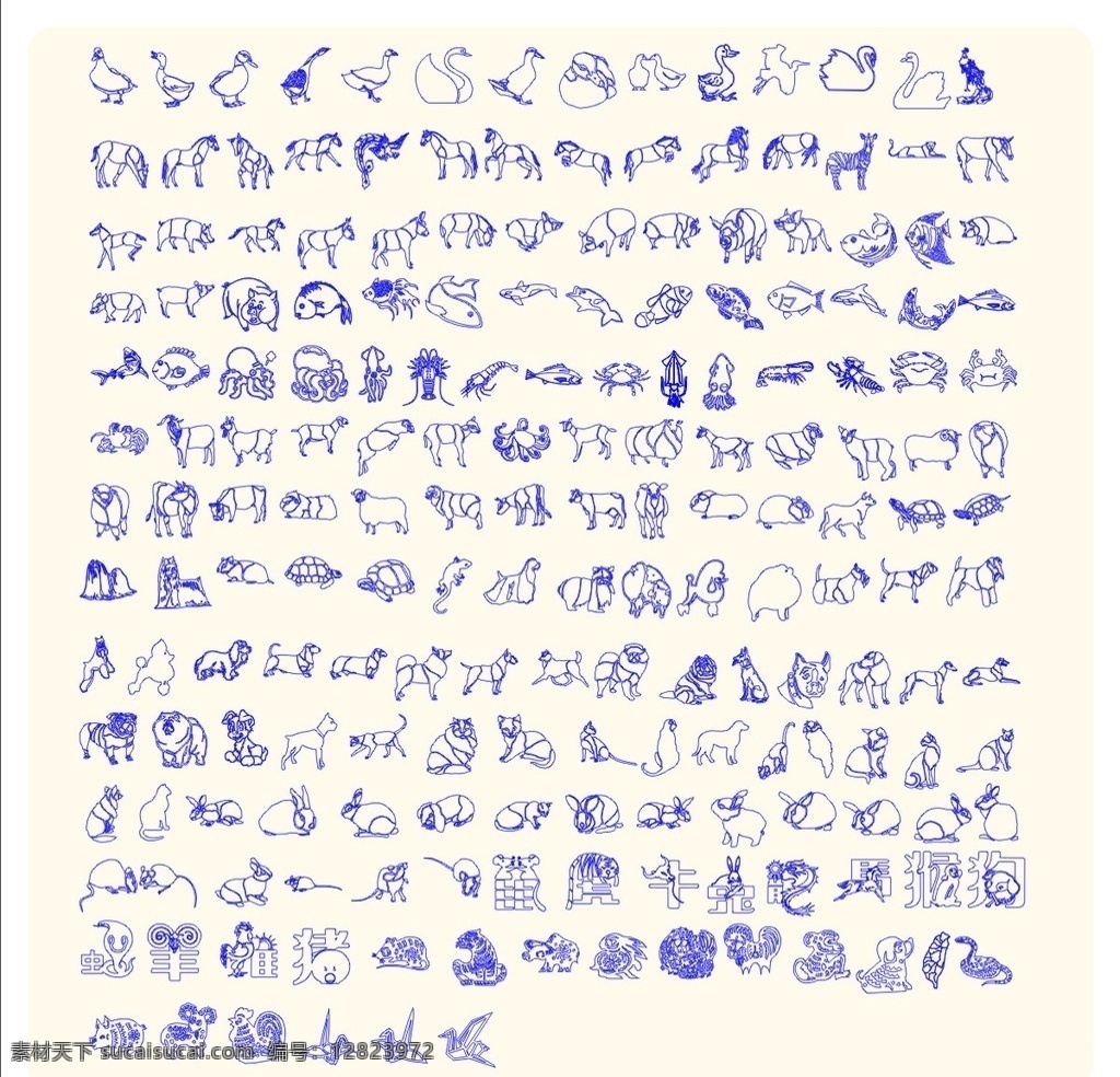 手绘矢量动物 动物 鸡 鸭 羊 猪 牛 马 兔 猴 狗 虎 蛇 鱼类 鱼 海鲜 乌龟 生肖 底纹 节日 中秋节 春节 元宵节 玻璃贴 剪纸 喷绘写真 矢量 其他设计