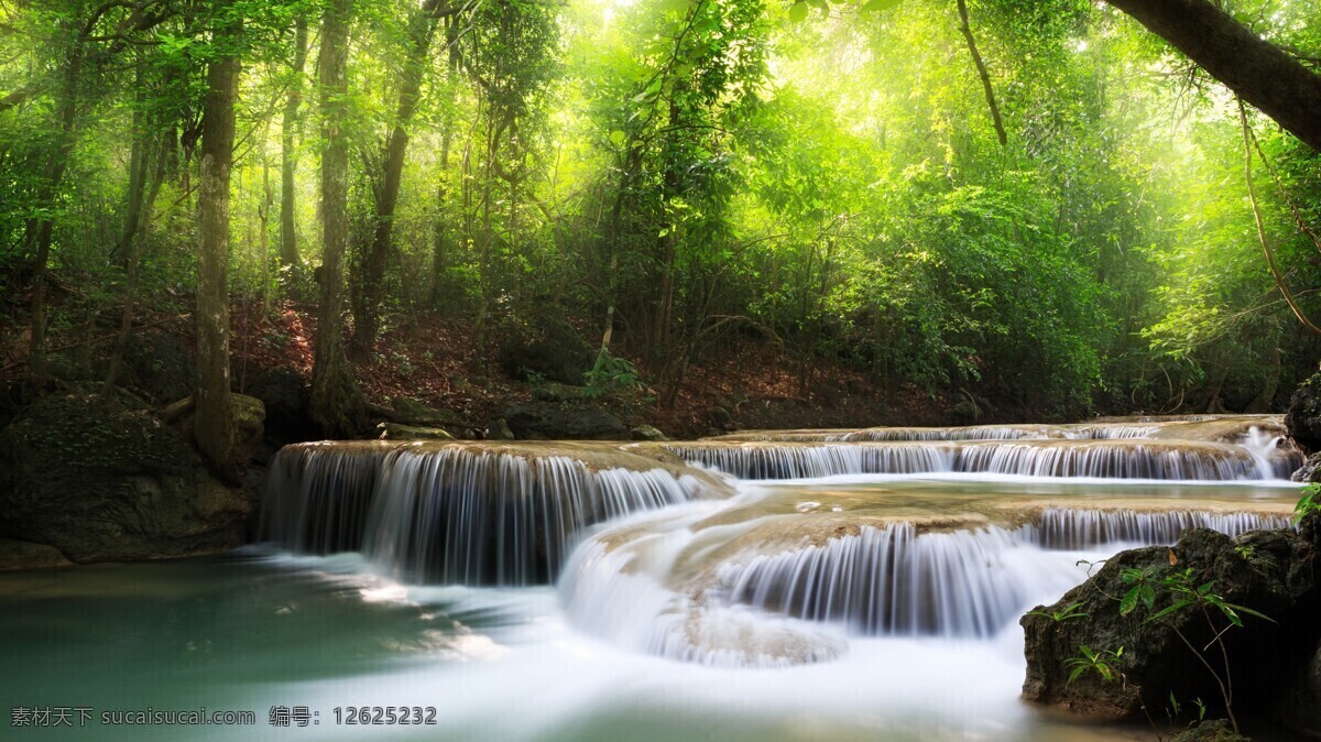 美丽风景 自然 瀑布 树木 阳光 森林 自然景观 自然风景