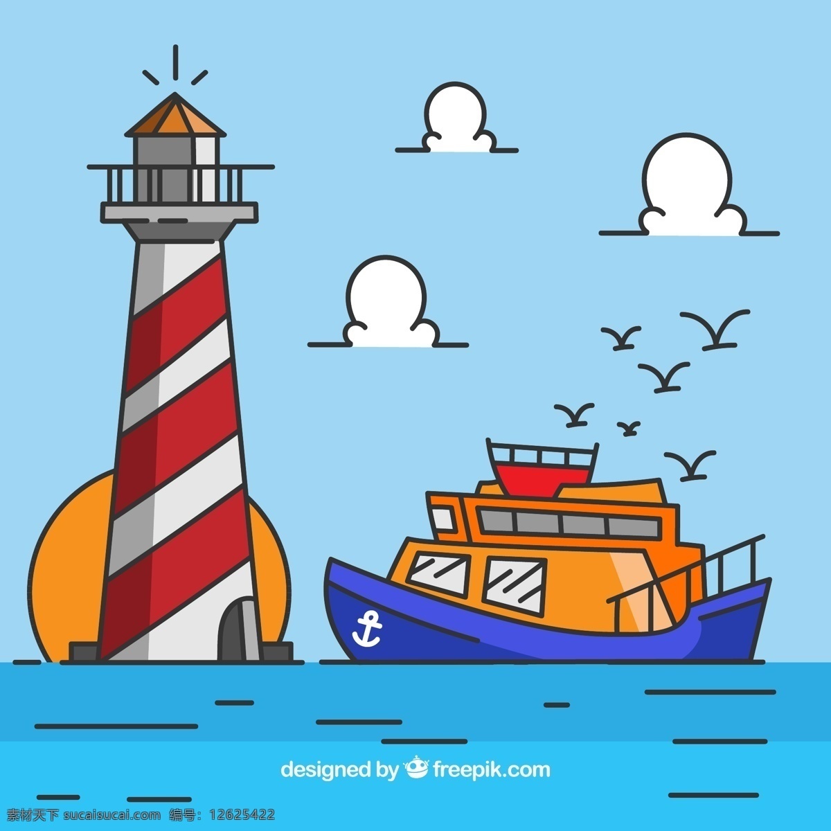 彩绘 海上 灯塔 船舶 矢量 彩色 大海 卡通 风景 插画