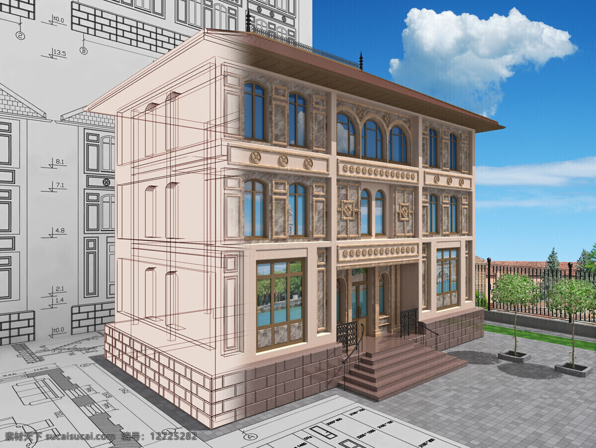 欧式别墅模型 欧式 别墅 模型 楼房 房子 建筑 图纸 设计图 建筑设计 环境家居 灰色