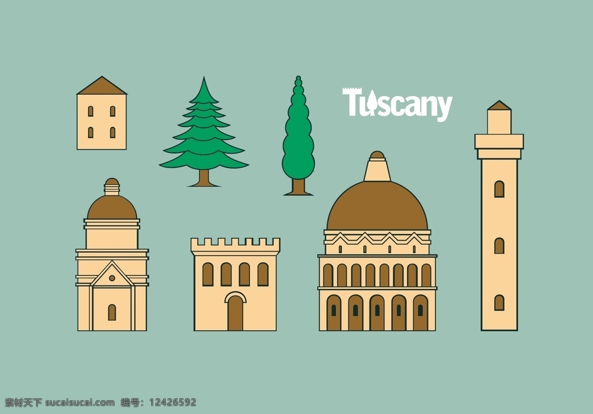 托斯卡纳 建筑 图标 建筑图标 托斯卡纳建筑 城堡 手绘建筑 屋子 房屋 树木