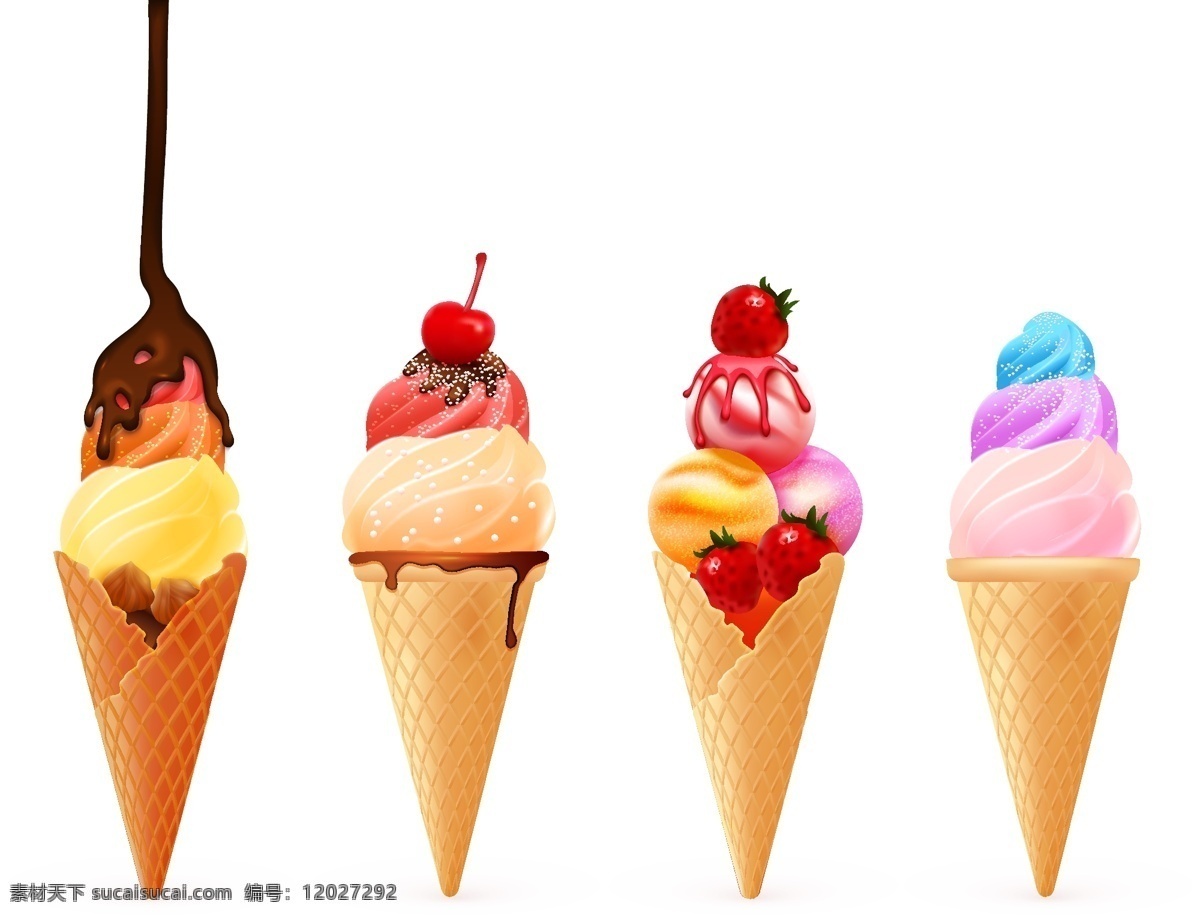 四 只 多彩 美味 甜筒 冰淇淋 雪糕 冰棒 巧克力 水果 奶油 漂亮 融化 美食 甜品 食物 夏天 文化艺术 绘画书法